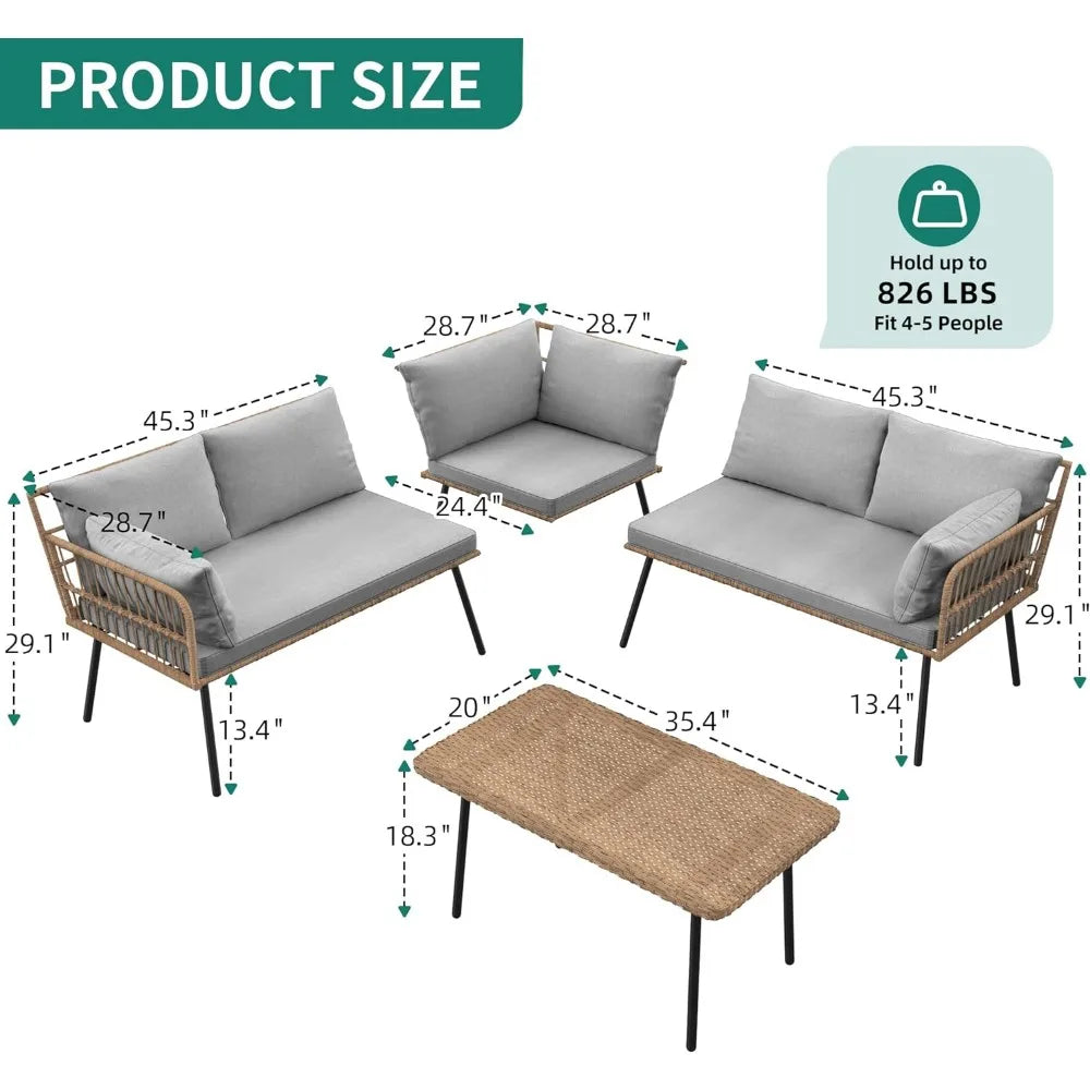 Porch Garden Furniture Outdoor Terrace Set Outdoor Wicker Conversation Sectional L-Shaped Sofa With 5 Seater for Backyard Gazebo