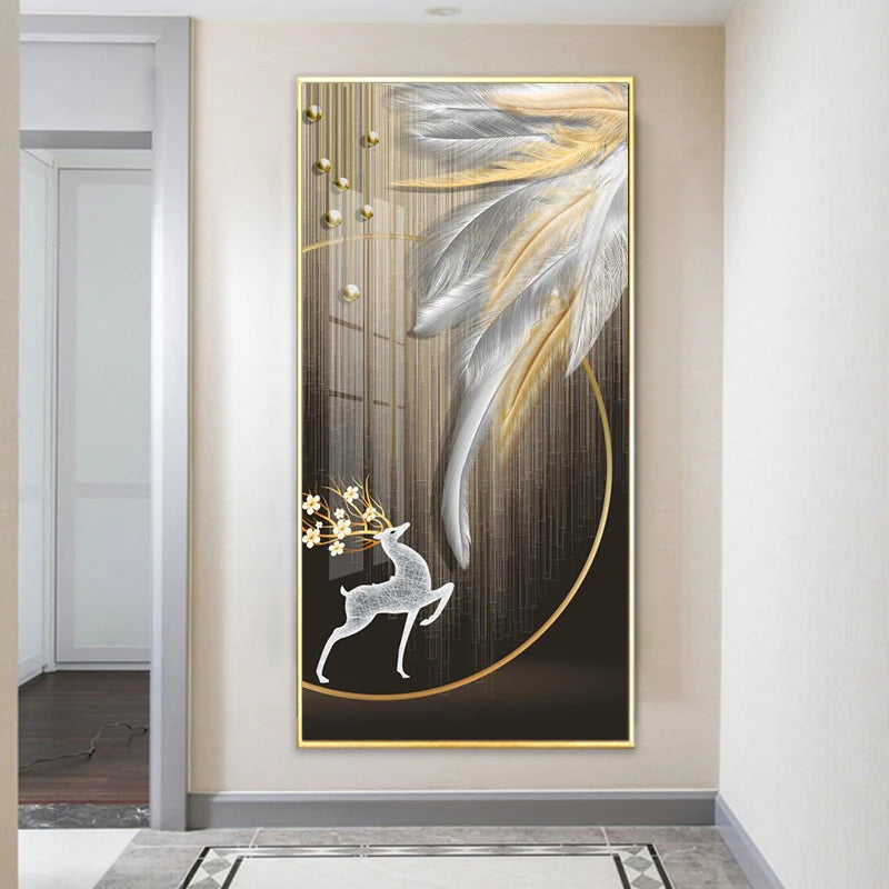 Abstract Wall Art Golden White Feathers Canvas Painting