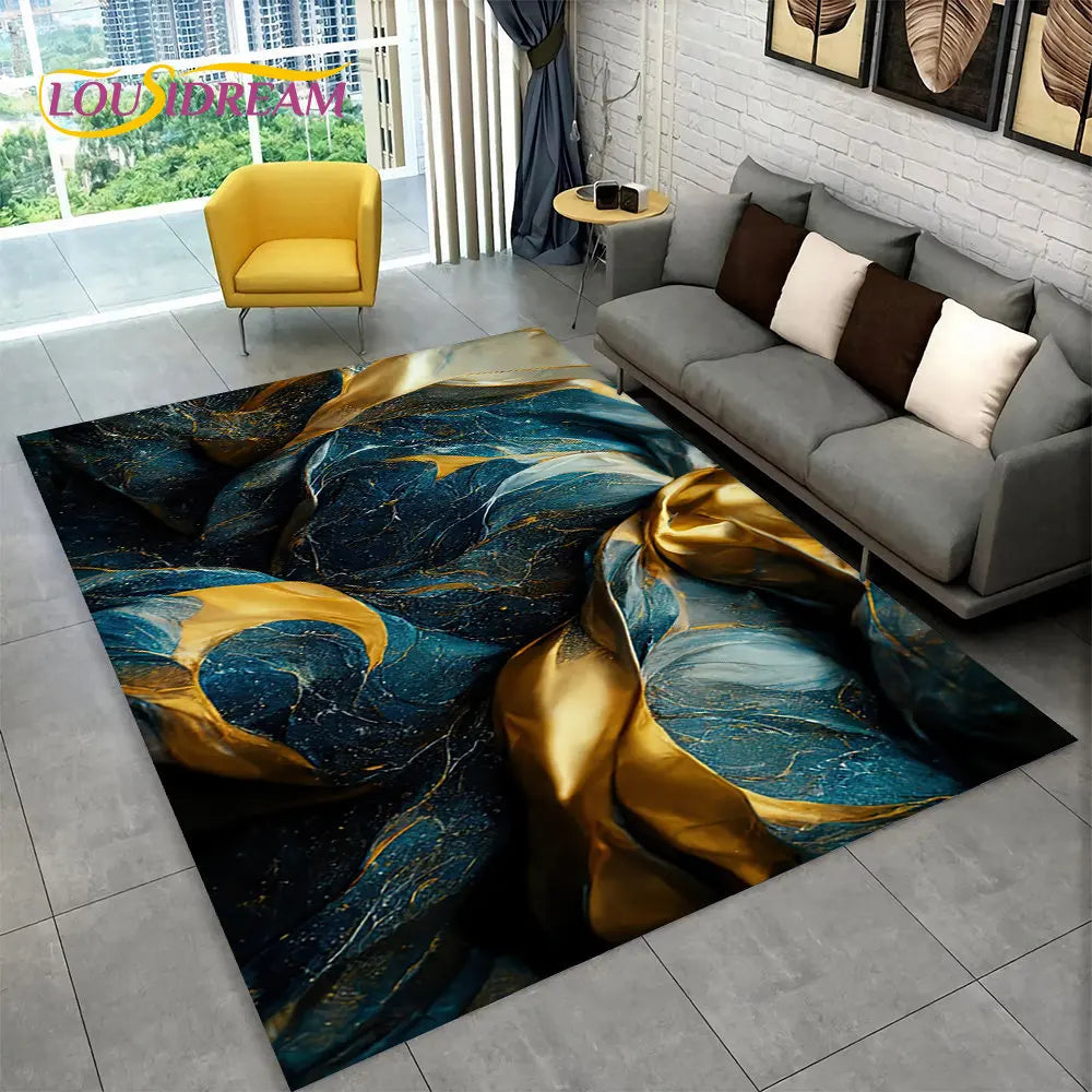 Nordic Blue Golden Colour Marble Geometric Area Rug,