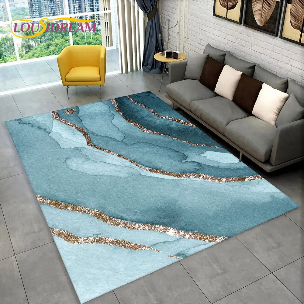 Nordic Blue Golden Colour Marble Geometric Area Rug,