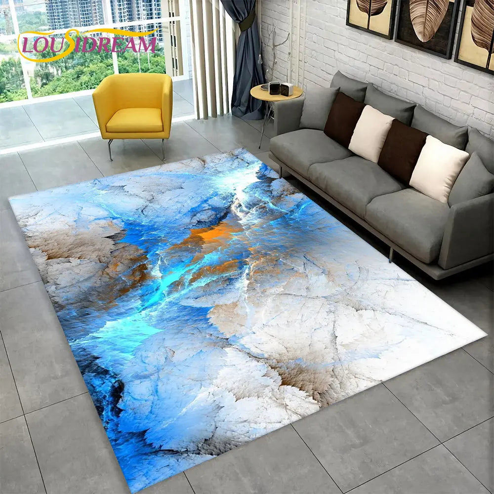 Nordic Blue Golden Colour Marble Geometric Area Rug,