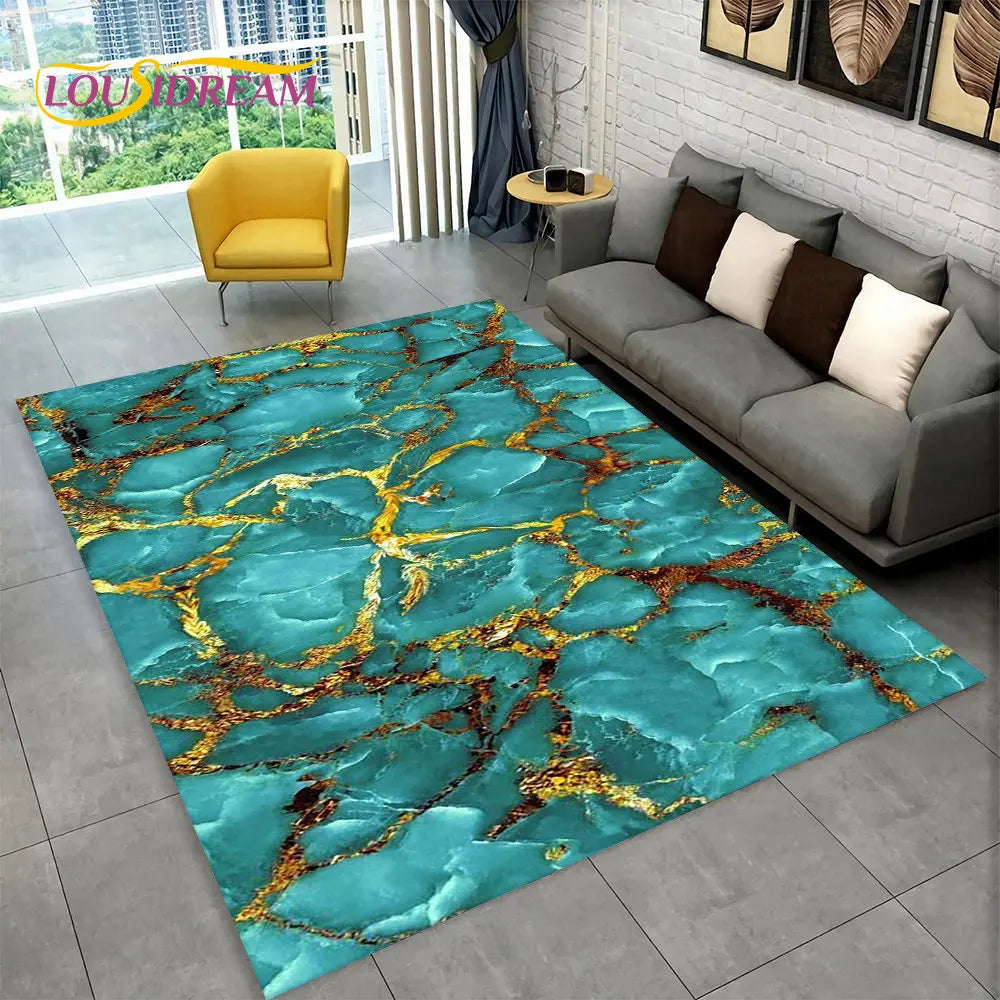 Nordic Blue Golden Colour Marble Geometric Area Rug,