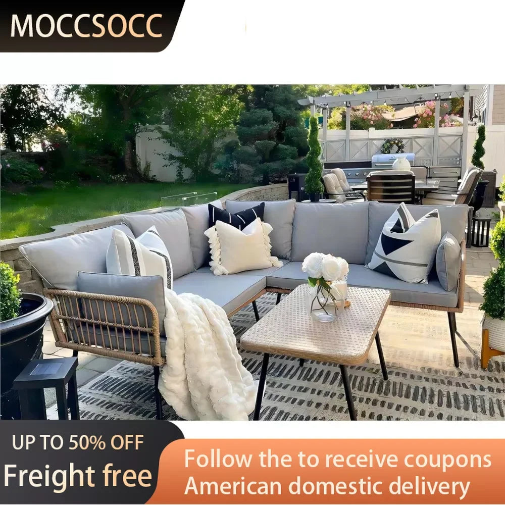 Porch Garden Furniture Outdoor Terrace Set Outdoor Wicker Conversation Sectional L-Shaped Sofa With 5 Seater for Backyard Gazebo