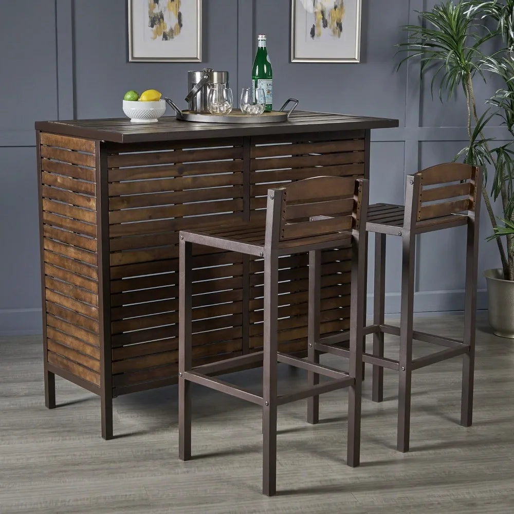 Indoor Acacia Bar Set With Rustic Metal Finish