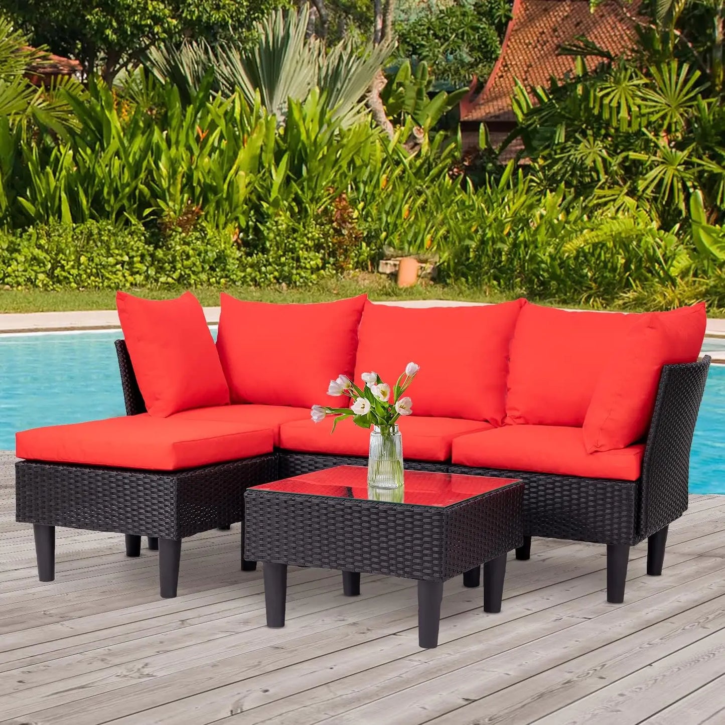 Patio Furniture Sets 5 Pieces Outdoor Wicker Conversation Set Sectional Sofa Rattan Chair,Furniture with Coffee Table,Red