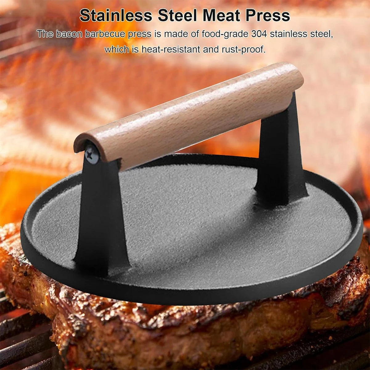 Burger Press Heavy-duty Cast Iron Smash Bacon Press Meat Steak With Wood Handle Bacon Grill Non-stick Round Meat Press Plate