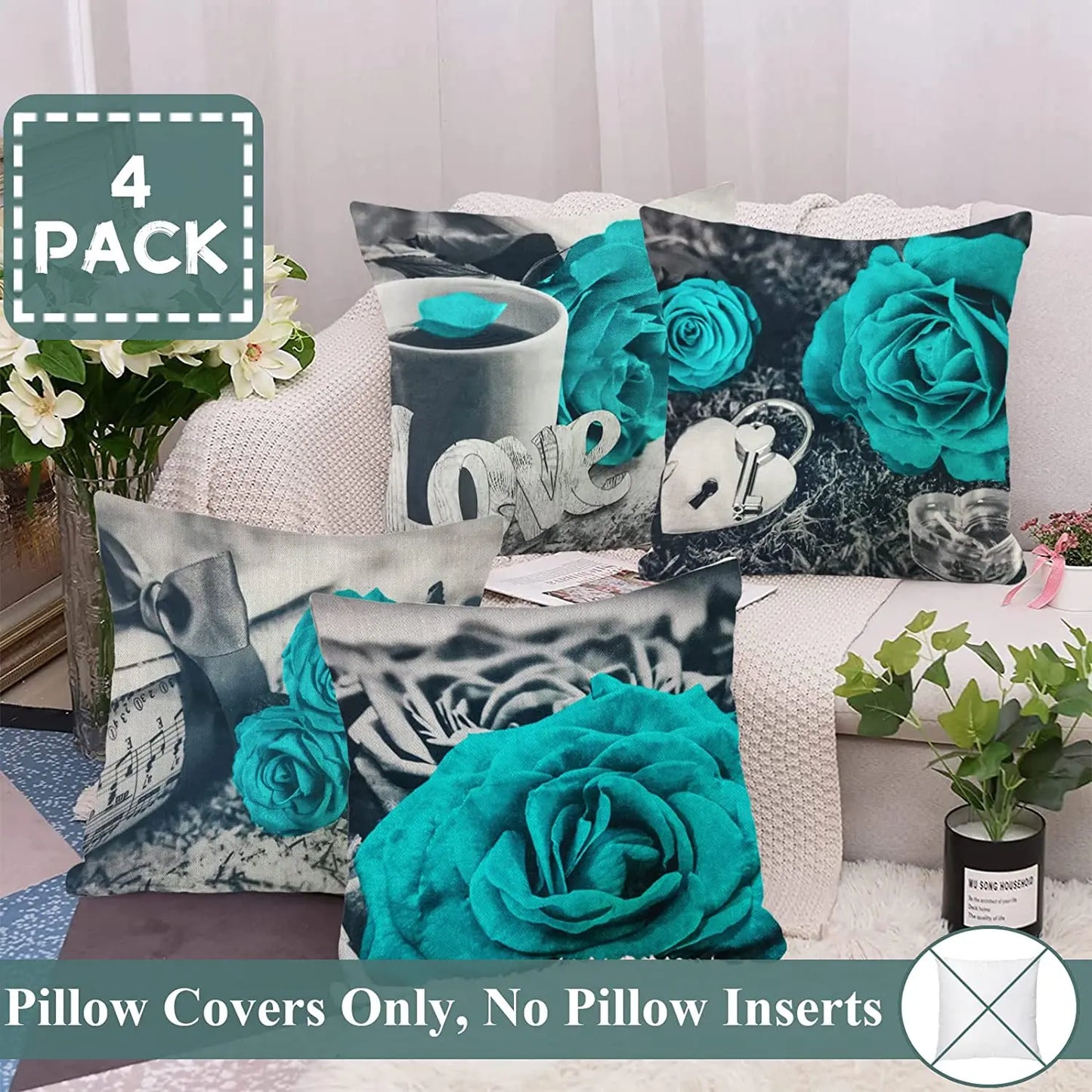 Teal Throw Pillows Covers for Couch 18x18 Set of 4