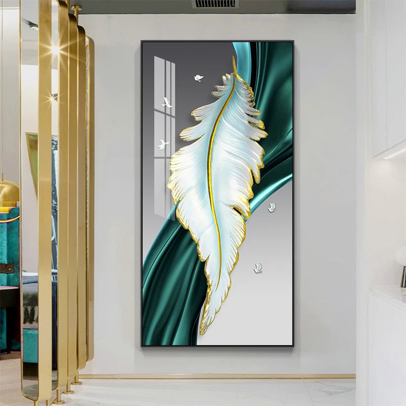 Abstract Wall Art Golden White Feathers Canvas Painting