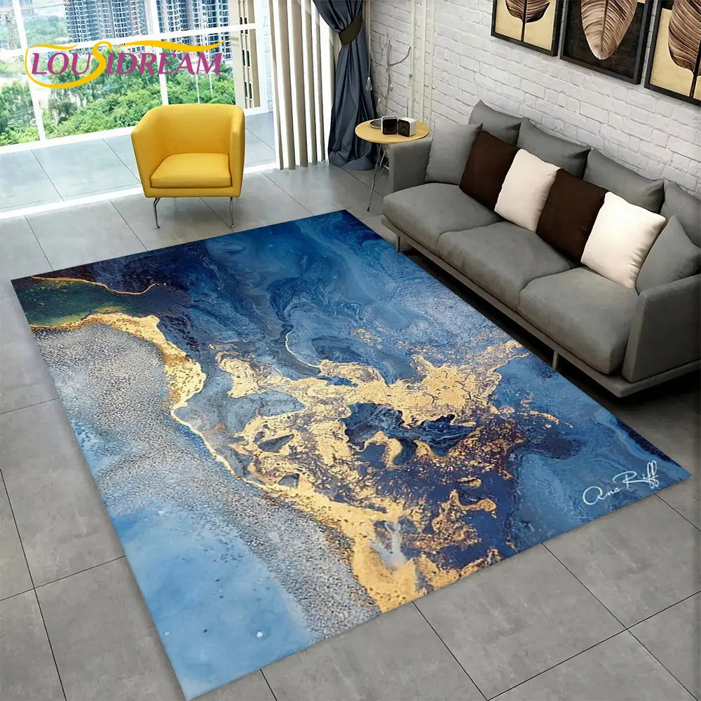 Nordic Blue Golden Colour Marble Geometric Area Rug,