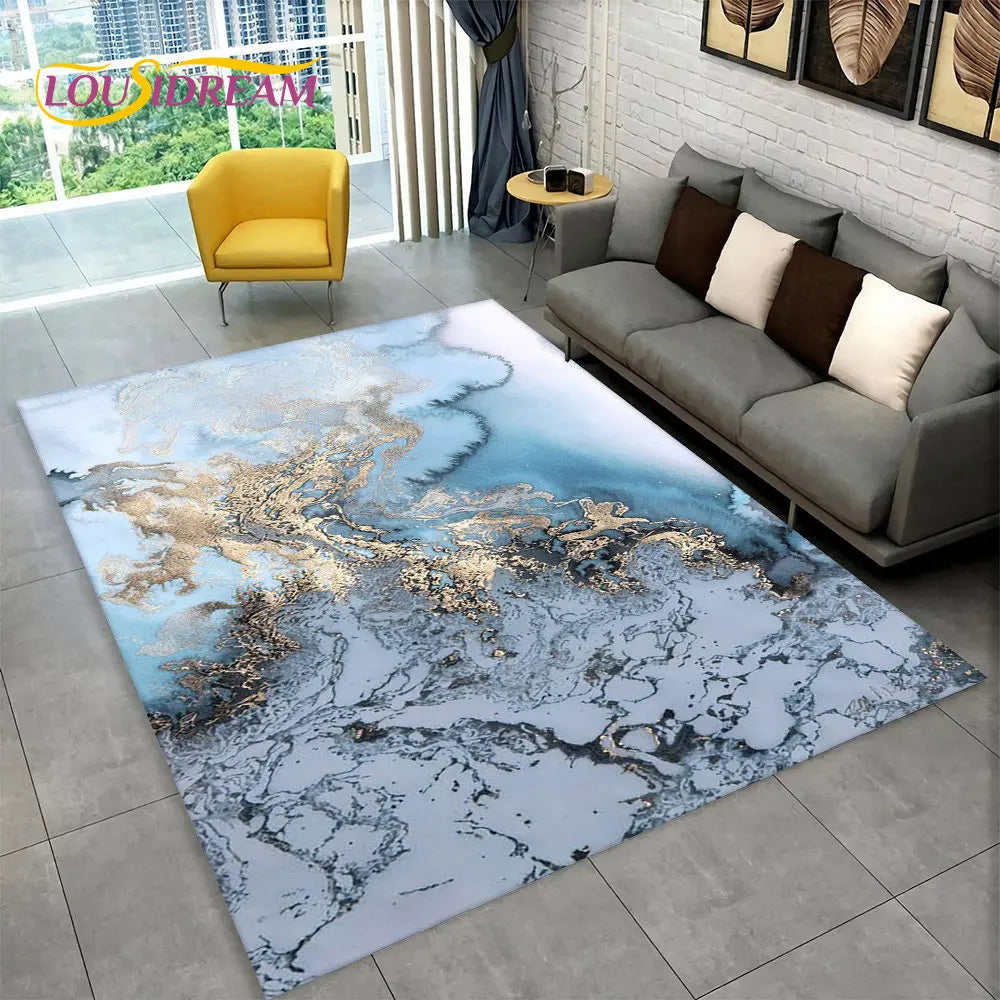 Nordic Blue Golden Colour Marble Geometric Area Rug,