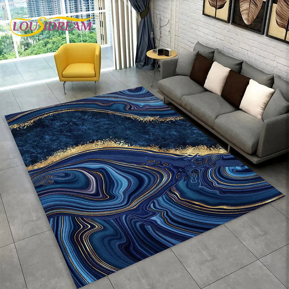 Nordic Blue Golden Colour Marble Geometric Area Rug,