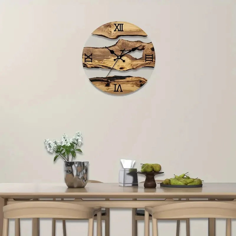 Modern Creative Imitation Olive Wood Silent Clock Tempered Glass