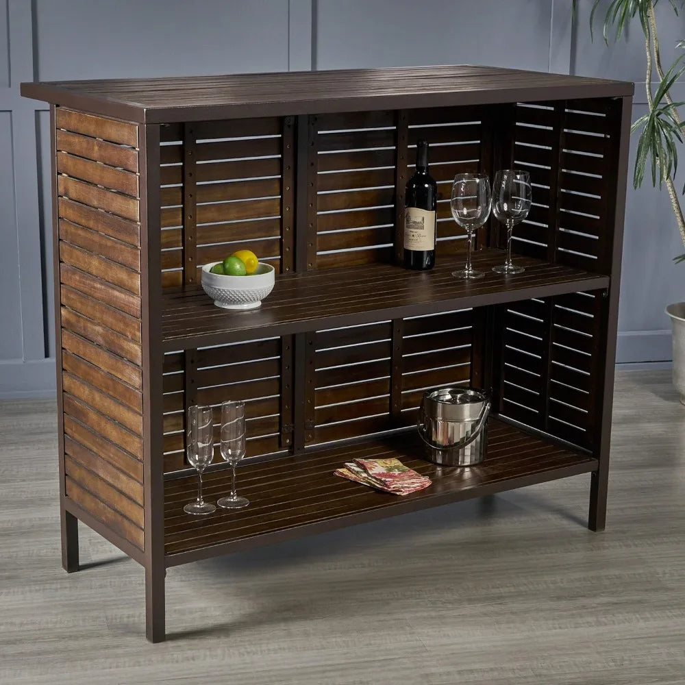 Indoor Acacia Bar Set With Rustic Metal Finish