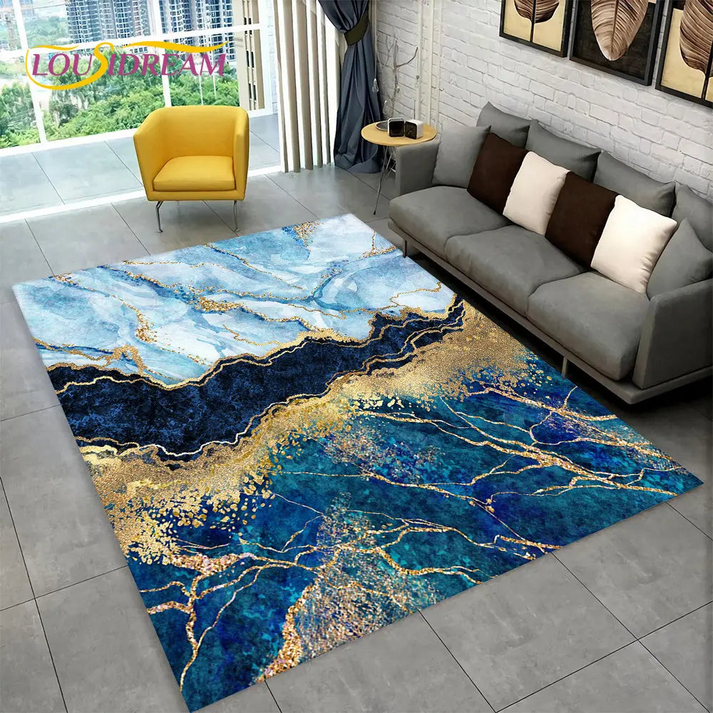 Nordic Blue Golden Colour Marble Geometric Area Rug,