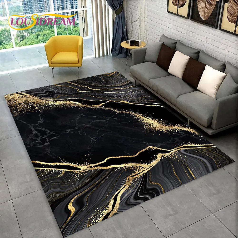 Nordic Blue Golden Colour Marble Geometric Area Rug,