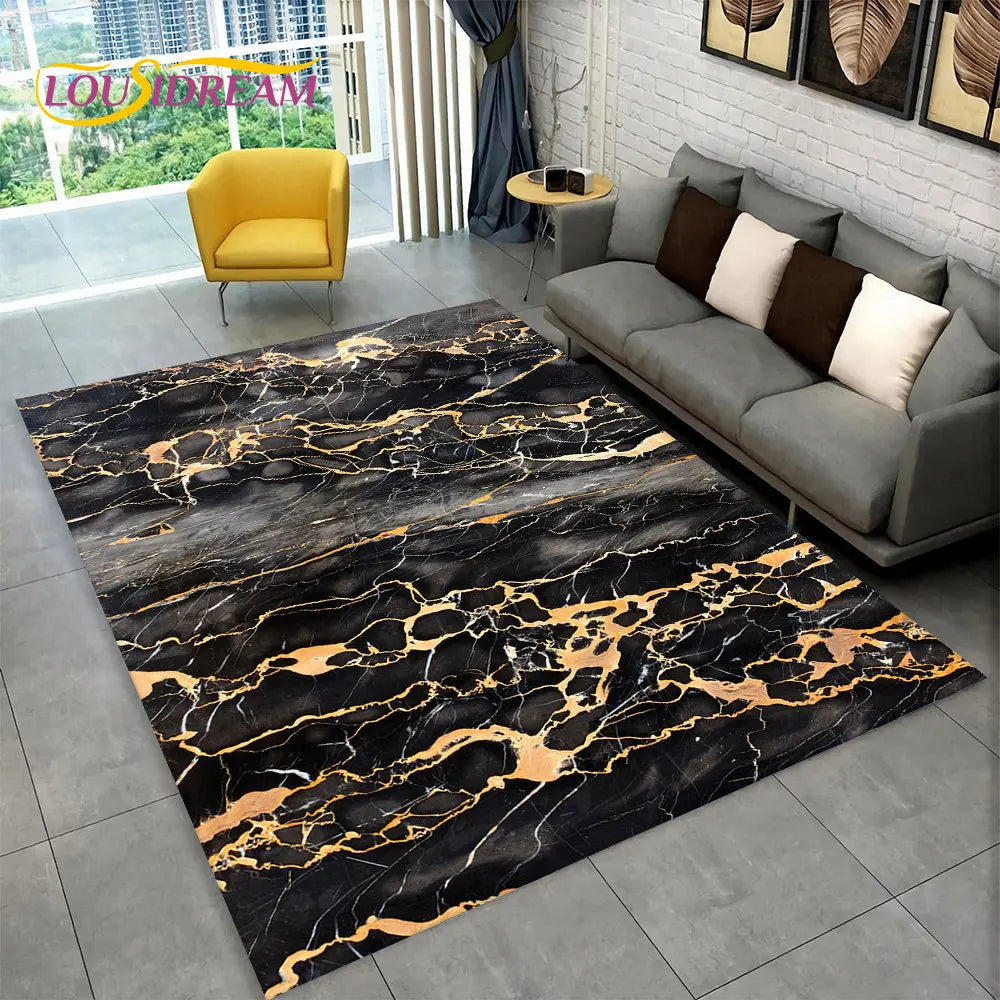 Nordic Blue Golden Colour Marble Geometric Area Rug,