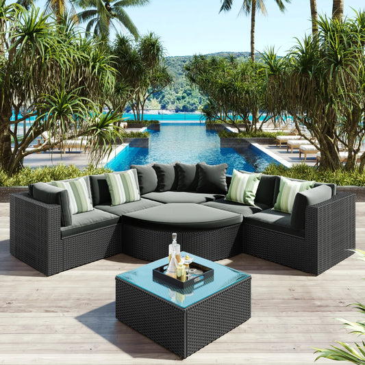 7Pcs Outdoor Sofa Lounger W/Striped Green Pillows