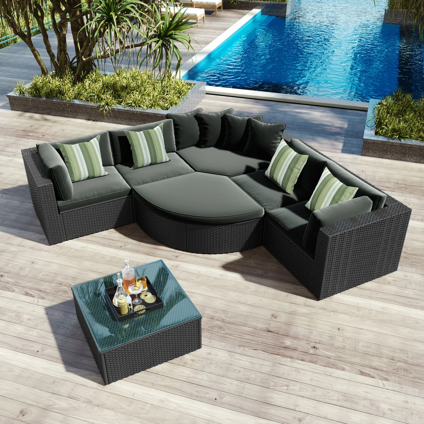 7Pcs Outdoor Sofa Lounger W/Striped Green Pillows