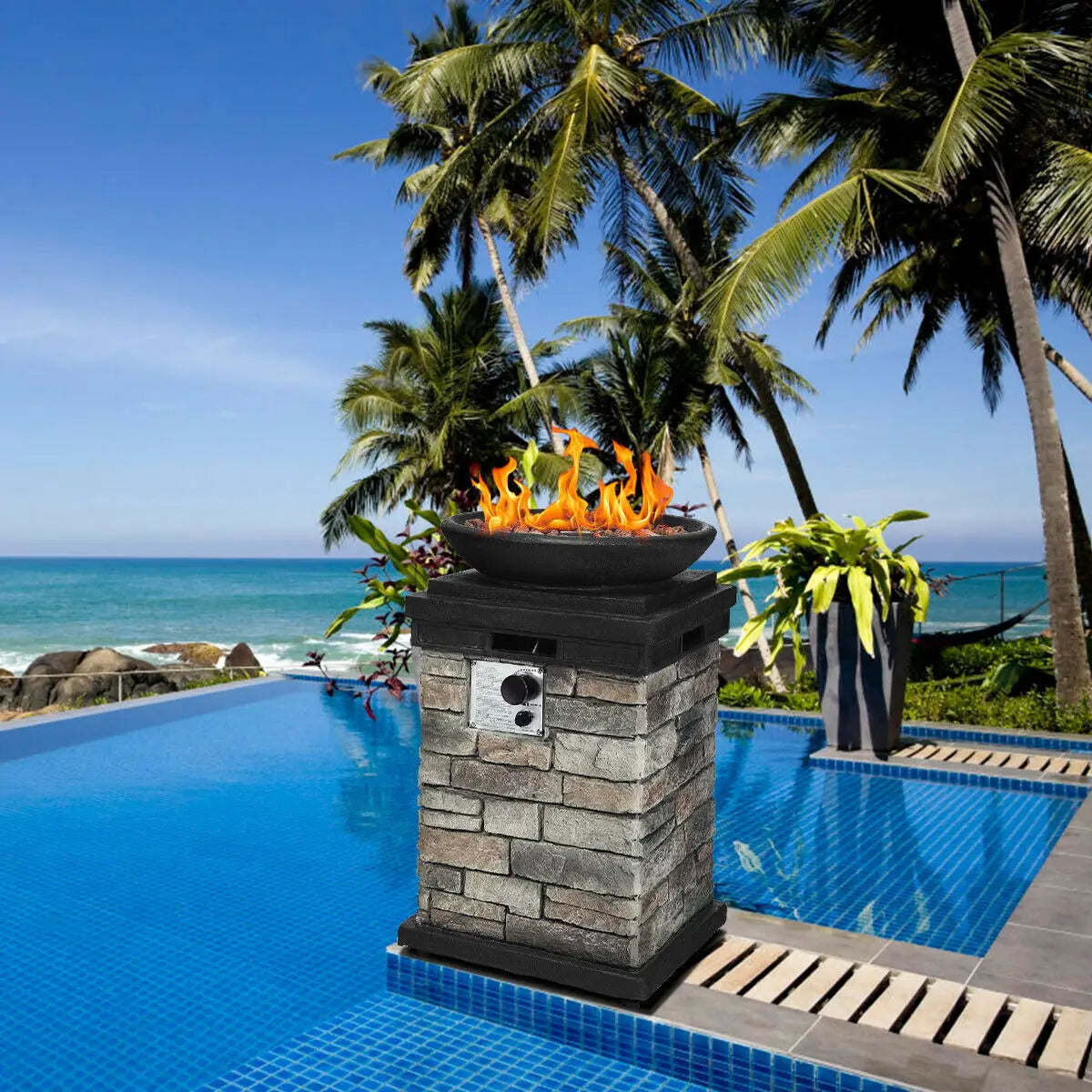 Fire Bowl Column W/ Lava Rocks & Cover