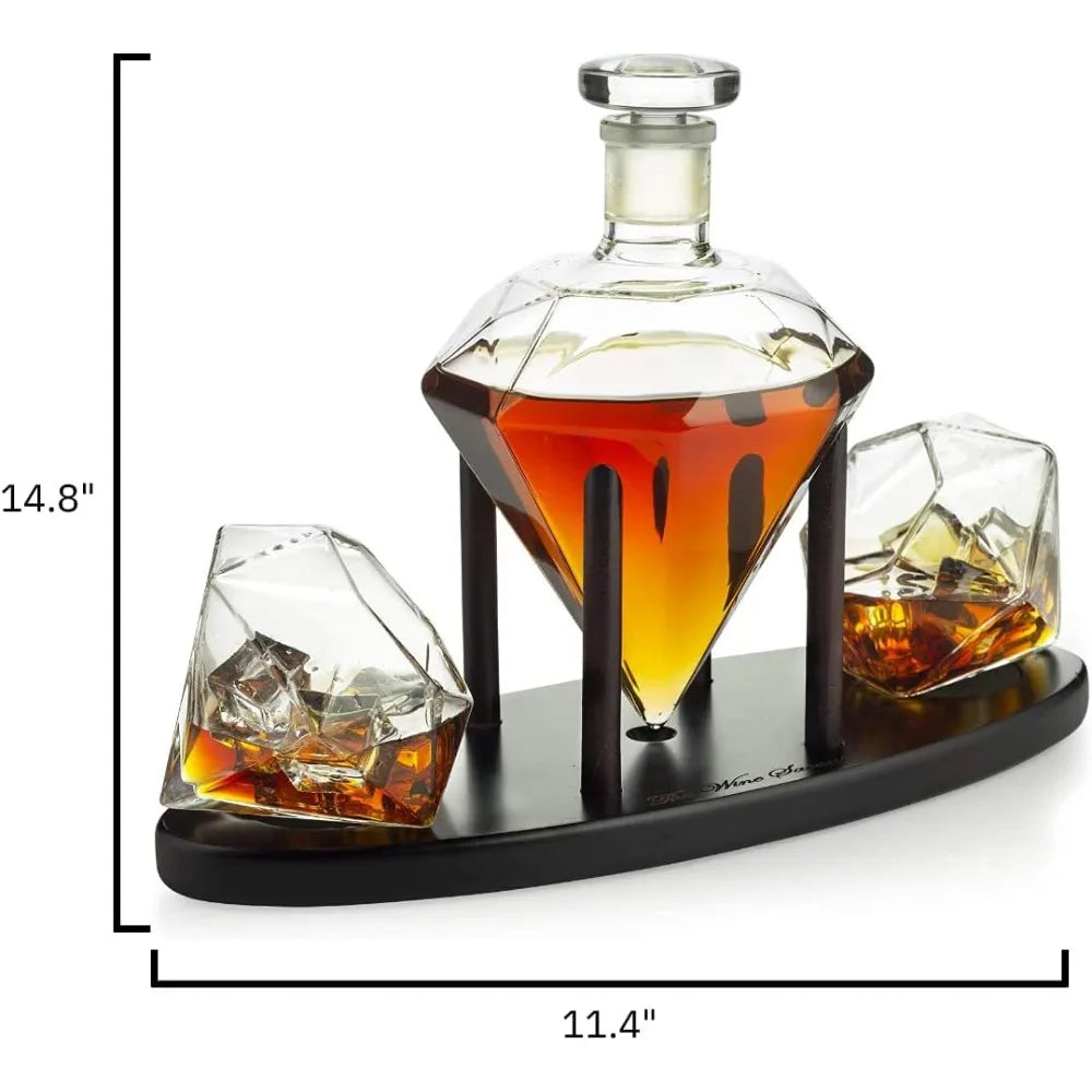 Whiskey Decanter with 2 Diamond Glasses Liquor