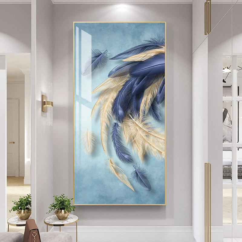 Abstract Wall Art Golden White Feathers Canvas Painting