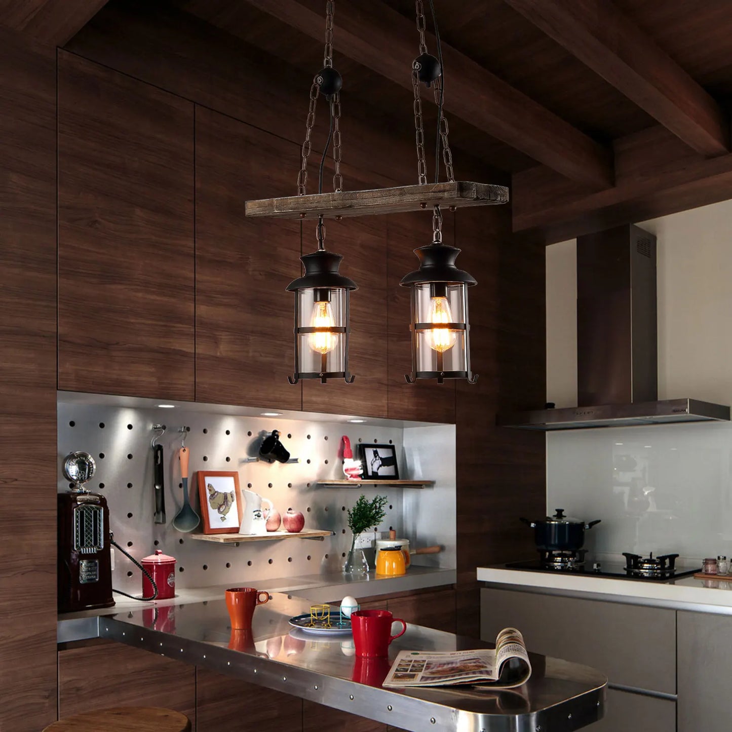 Rustic Pendant Lamp, 2-Light Chandelier