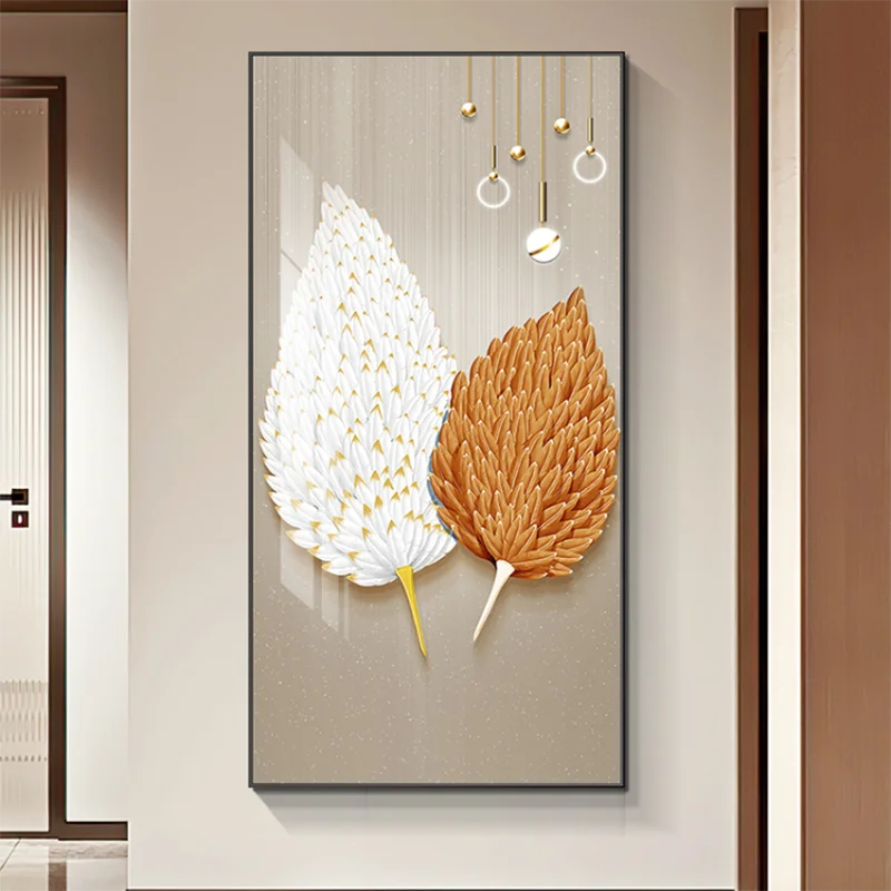 Abstract Wall Art Golden White Feathers Canvas Painting