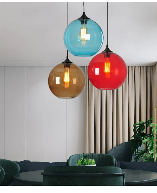 Modern Glass Pendant Lamp Round Ball Chandelier Simplicity 20/25cm Vintage Colorful Lights Dining  Living Room Decorative Lights