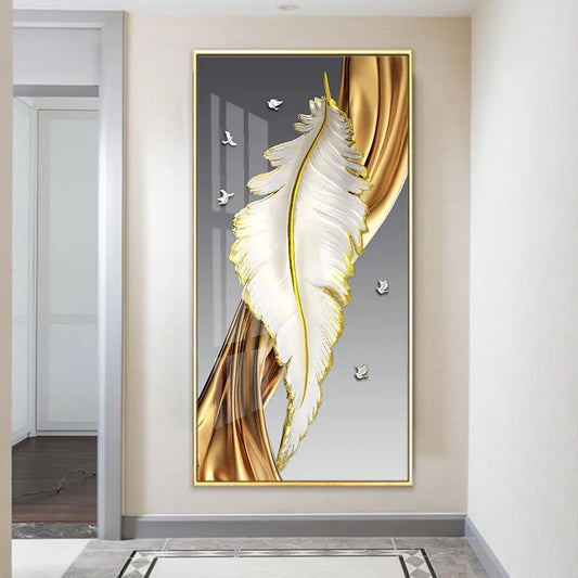 Abstract Wall Art Golden White Feathers Canvas Painting