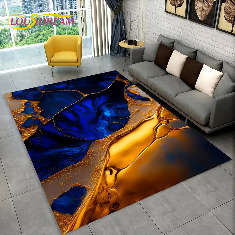 Nordic Blue Golden Colour Marble Geometric Area Rug,