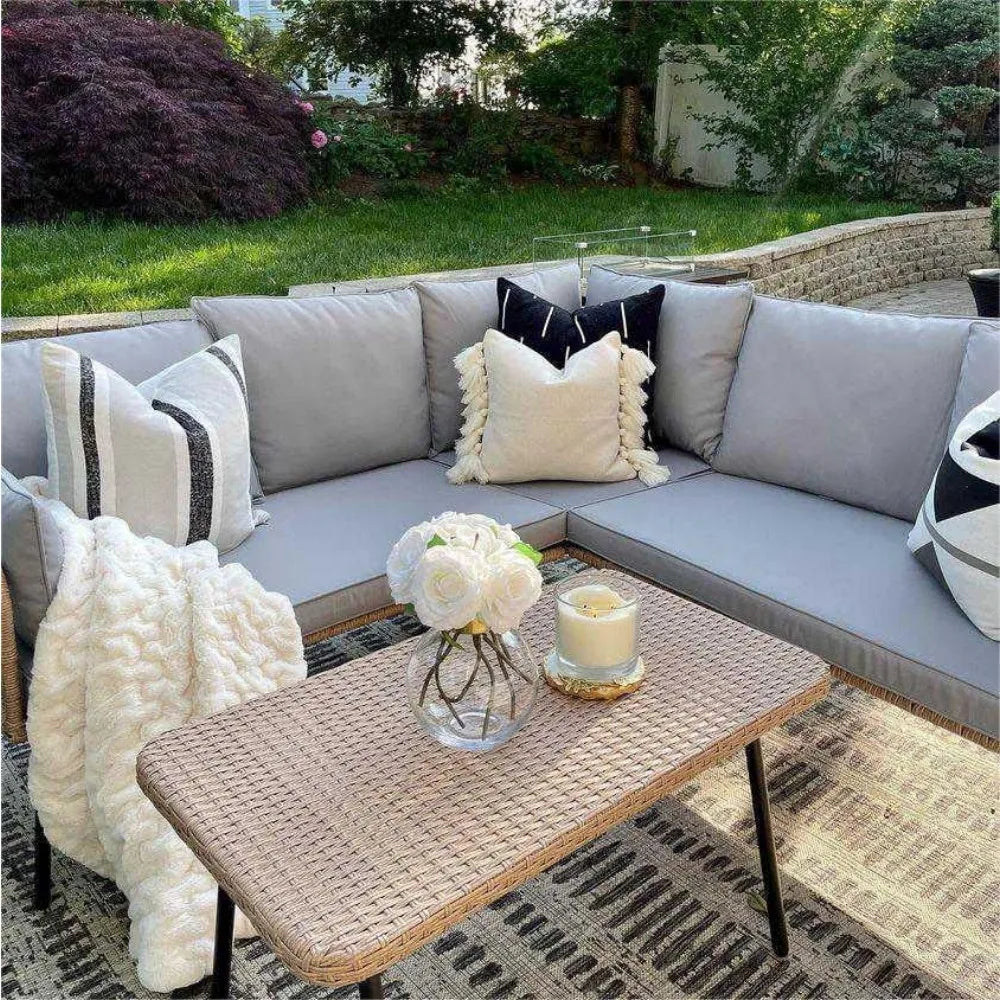 Porch Garden Furniture Outdoor Terrace Set Outdoor Wicker Conversation Sectional L-Shaped Sofa With 5 Seater for Backyard Gazebo